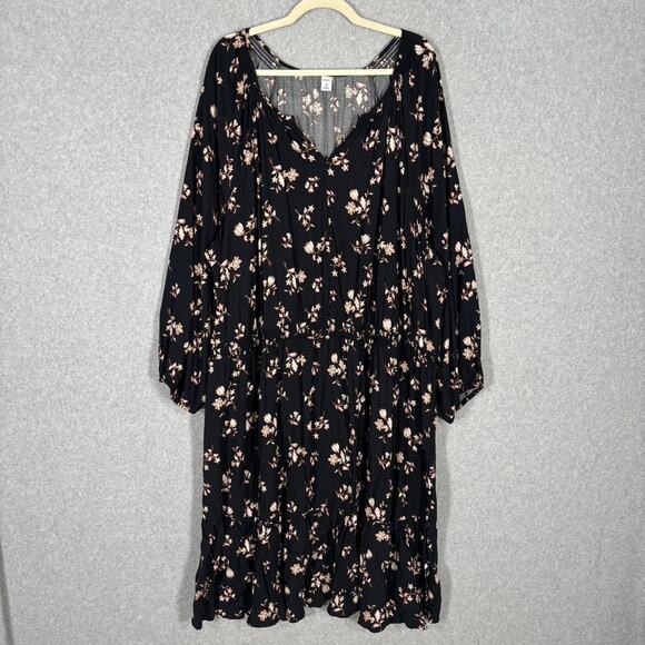 Old Navy Dress 4X Black Midi Floral Tiered Cottage Boho Peasant Dark Smocked